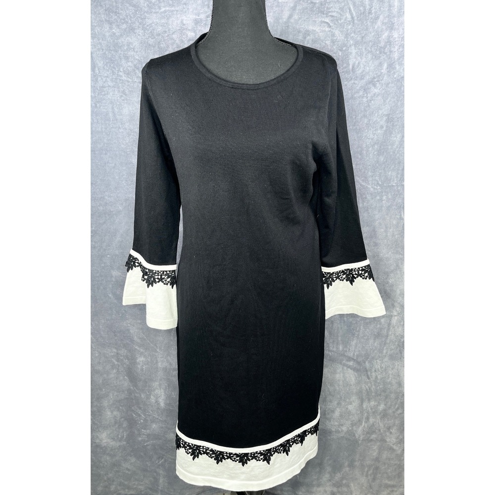 Calvin Klein Sweater Dress‎ Bell Sleeve Lace Trim Black White Size L, NWT
